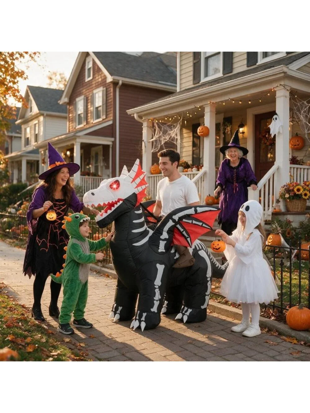 Adult Halloween Inflatable Costume - Light-Up Skeleton Dragon Suit for Parties
